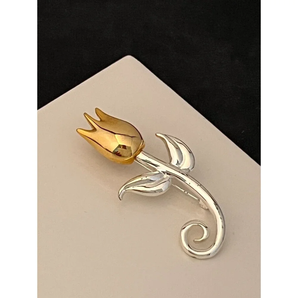 Vintage 1980s AAI Tulip Brooch Two Tone Gold Silver Tone Modernist - 1I